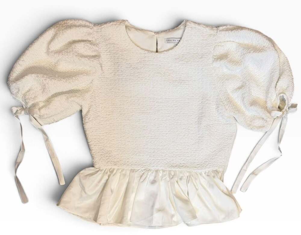 English Factory Peplum Blouse Size S White Short Puff Sleeve Top
